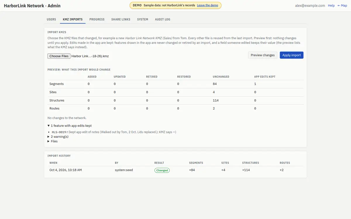 The KMZ imports tab after Preview changes: the counts table with one segment under App edits kept, and the opened list “1 feature with app edits kept: HLS-0019 r (kept app edit of notes …; KMZ says —)”, warnings, files and the import history.