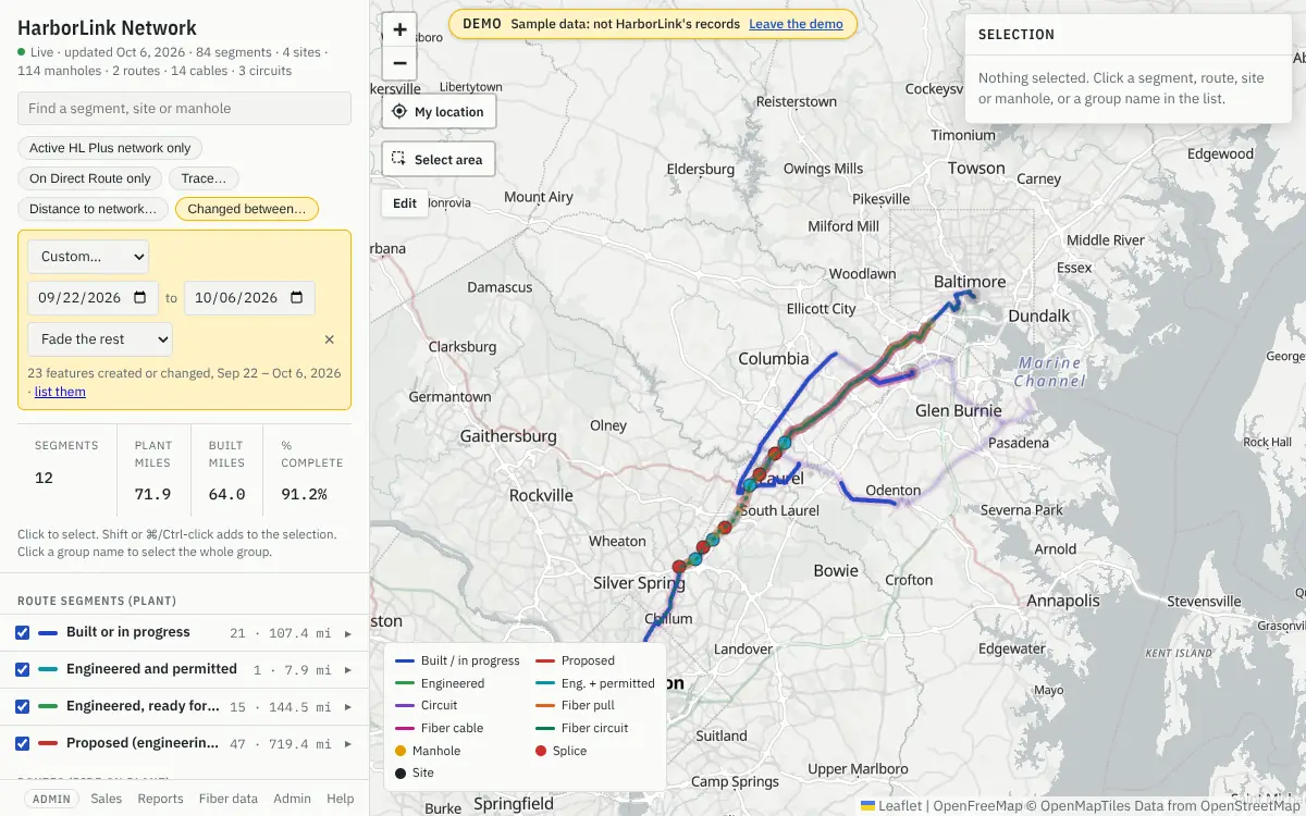 The map with Changed between on: the yellow box under the filters shows Custom, 09/22/2026 to 10/06/2026 and Fade the rest, and says 23 features were created or changed; on the map the I-95 plant between Silver Spring and Baltimore is drawn in full colour and the rest of the network is faint.