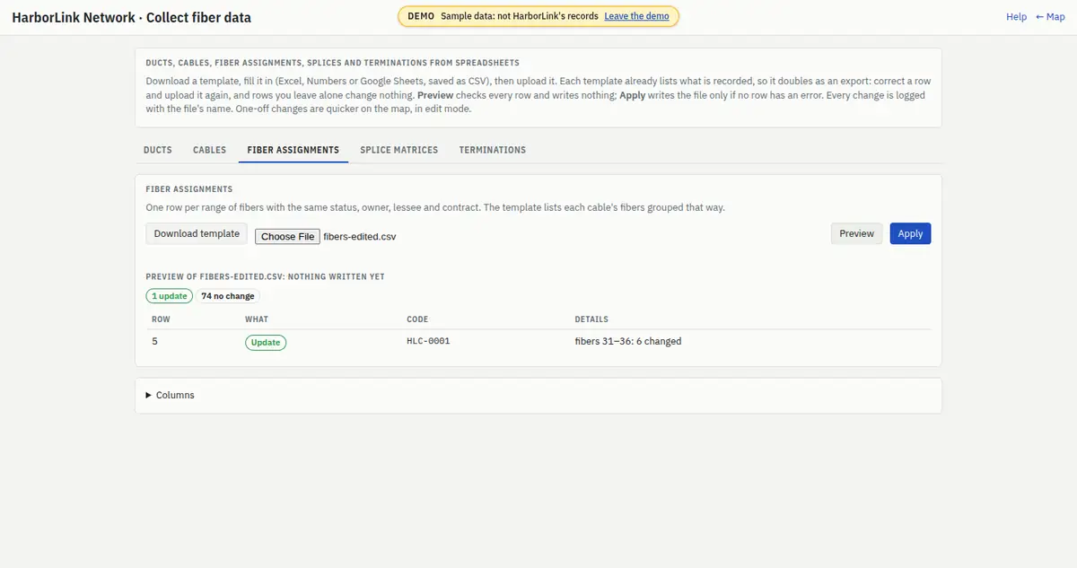 The Fiber data page, Fiber assignments tab: Download template, the chosen file fibers-edited.csv, Preview and Apply, and the result “Preview of fibers-edited.csv: nothing written yet: 1 update, 74 no change”, with row 5, Update, HLC-0001, fibers 31–36: 6 changed.