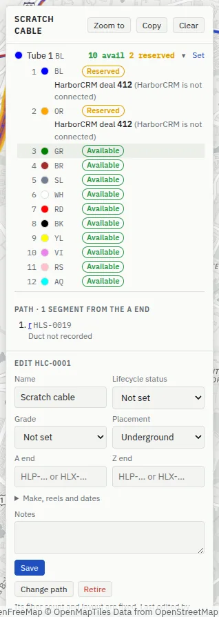 A fiber table where fibers 1 and 2 are Reserved with the line “HarborCRM deal 412 (HarborCRM is not connected)”.