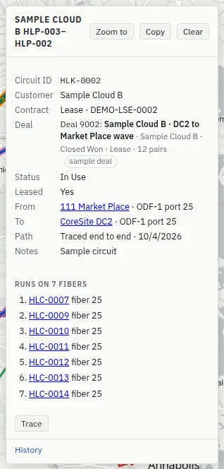 Circuit HLK-0002 for Sample Cloud B with a Deal row: “Deal 9002: Sample Cloud B · DC2 to Market Place wave”.