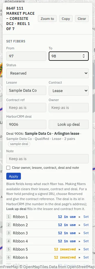 The Set fibers form with From 97, To 98, Status Reserved, HarborCRM deal 9006 looked up (“Deal 9006: Sample Data Co · Arlington lease · Qualified · Lease · 2 pairs”), and the Lessee Sample Data Co and Contract Lease filled in from it.