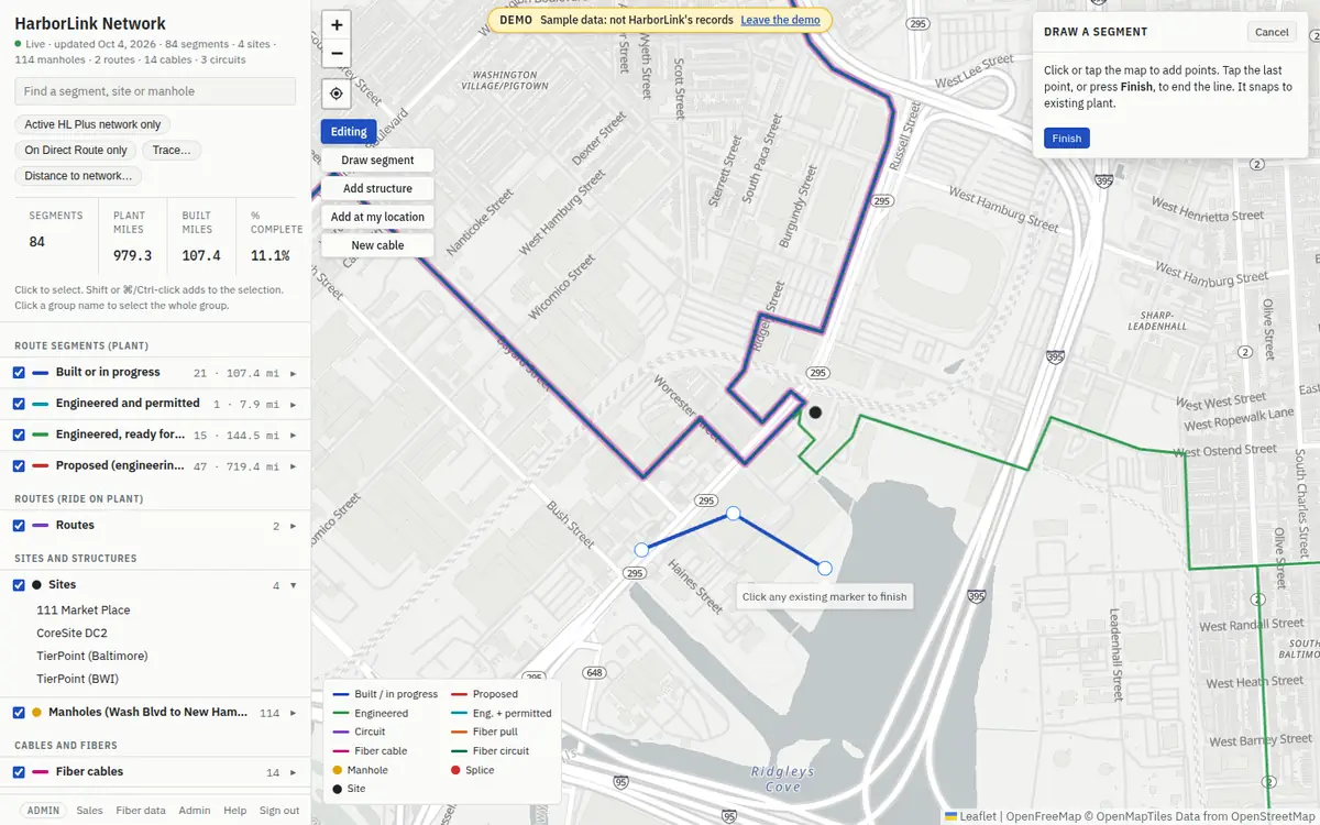 Drawing a segment: a blue line with three points on the map near the Baltimore stadium, and the panel “Draw a segment” with a Finish button.