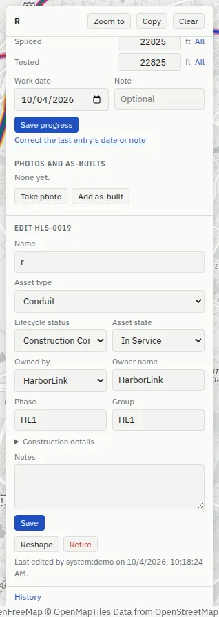The Edit HLS-0019 form: Name, Asset type, Lifecycle status, Asset state, Owned by, Owner name, Phase, Group, Construction details, Notes, the Save button, and Reshape and Retire.