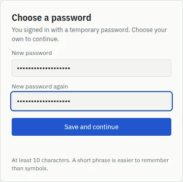 The Choose a password card with New password and New password again boxes and a Save and continue button.