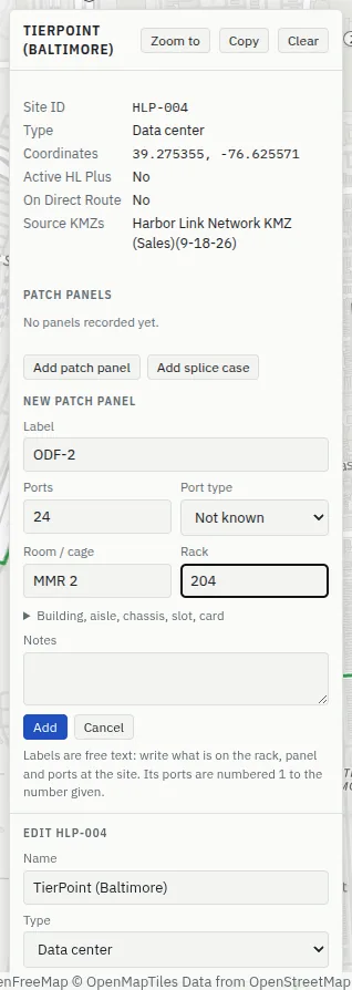 The New patch panel form at a site: Label ODF-2, Ports 24, Port type, Room / cage MMR 2, Rack 204, a Building, aisle, chassis, slot, card section, Notes, and Add.