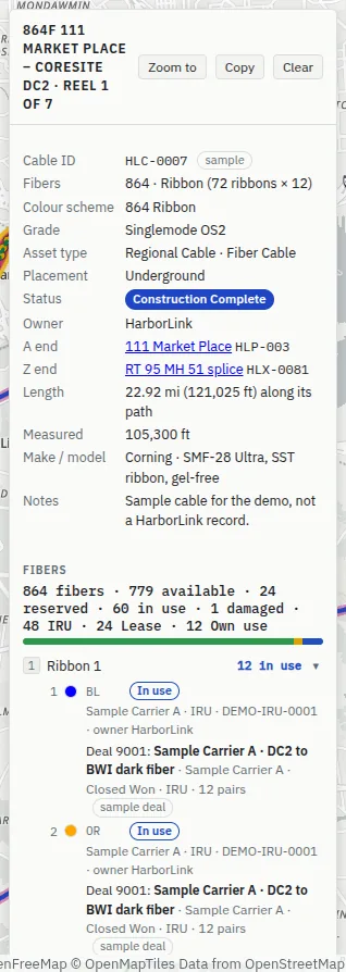 Cable HLC-0007, 864F 111 Market Place – CoreSite DC2 reel 1 of 7: cable ID with a sample tag, 864 fibers in 72 ribbons of 12, colour scheme, grade Singlemode OS2, asset type, placement Underground, status, owner, A end and Z end, length, measured length, make and model; then the fiber counts.