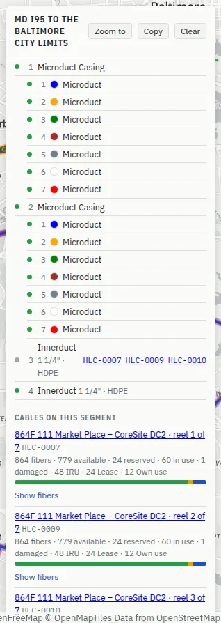 The Ducts list of a segment: two microduct casings, each with microducts 1 to 7, and two innerducts, one carrying cables HLC-0007, HLC-0009 and HLC-0010.