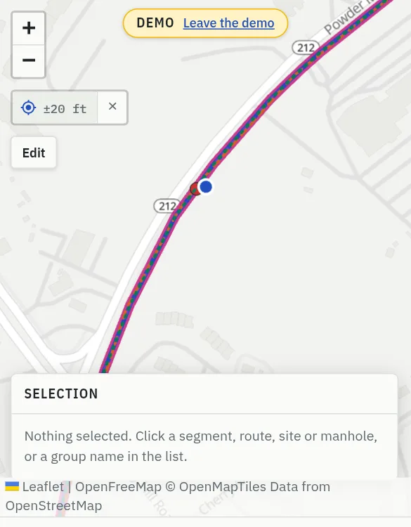 The map centred on a blue location dot with a pale accuracy circle; the My location button reads ±20 ft, with × beside it to stop.