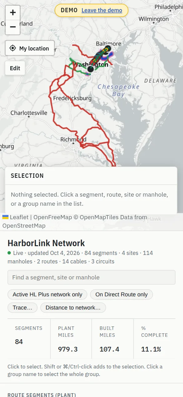 The map on a phone: the map at the top with the zoom, My location and Edit buttons, the selection panel over the bottom of the map, and the search box, filters and totals below.