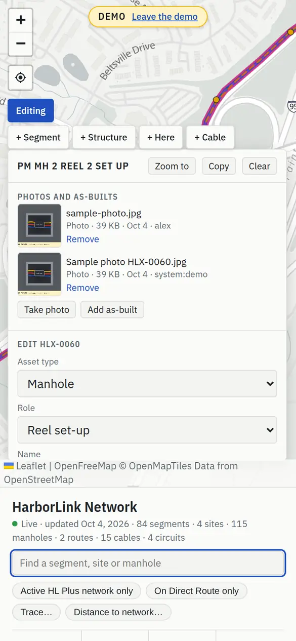 A manhole's Photos and as-builts list with two photos, each with its name, size, date and who added it, a Remove link, and the Take photo and Add as-built buttons.