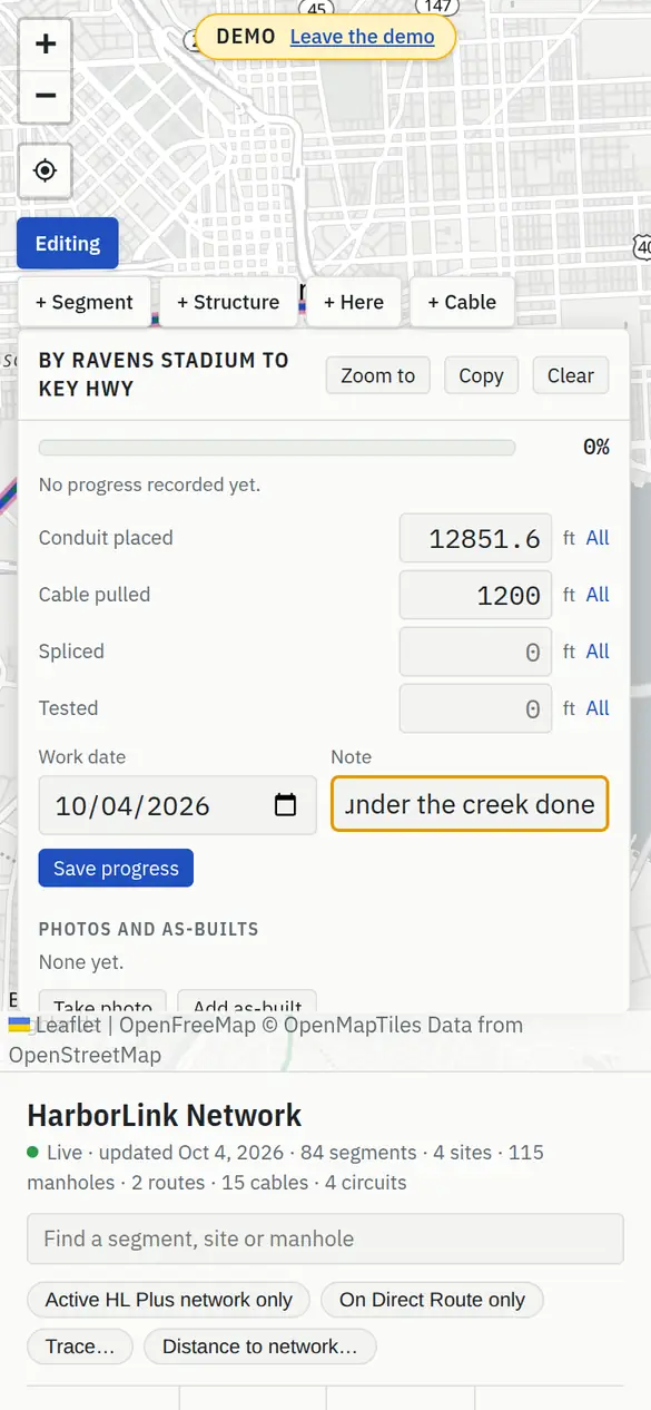The Construction progress form on a phone: Conduit placed filled with the segment's full length, Cable pulled 1200 ft, Spliced and Tested empty, the work date, a note “Bore under the creek done”, and Save progress.