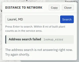 Distance to network with the verdict “Address search failed” (lookup_error) and the message “The address search is not answering right now. Try again shortly.”