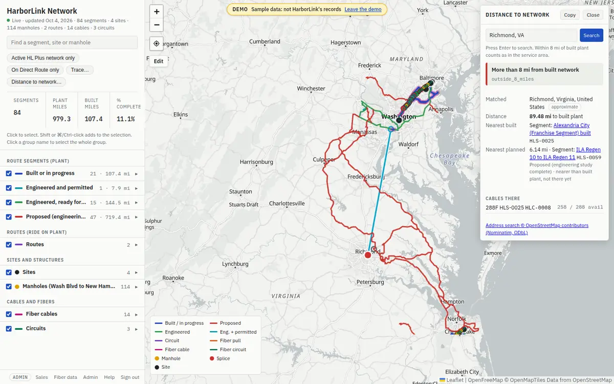 Distance to network for Richmond, VA: “More than 8 mi from built network”, matched approximately to Richmond, 89.48 mi to built plant at an Alexandria segment, and a proposed segment 6.14 mi away marked “nearer than built plant, not there yet”; on the map a long cyan line north to the built plant.