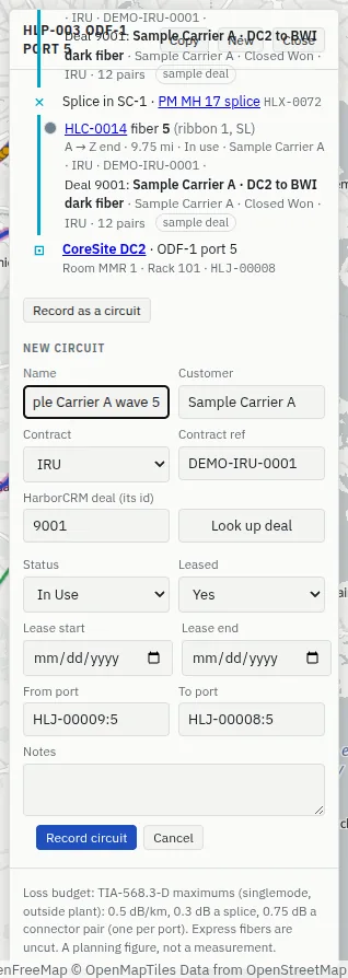 The New circuit form below a traced path: Name, Customer Sample Carrier A, Contract IRU, Contract ref, Status In Use, Leased Yes, lease dates, the two ports greyed out, Notes and Record circuit.