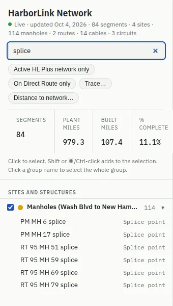 The register filtered by the search word “splice”: only the Manholes group shows, listing six splice manholes.