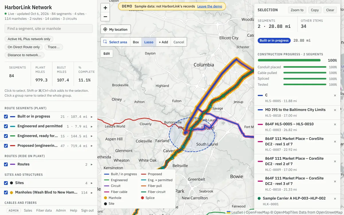 Select area in use on a computer: Lasso is chosen beside the Select area button, a dashed blue loop is being drawn round part of the I-95 plant near Laurel, and the panel already lists 2 segments and 34 other items from an earlier loop.