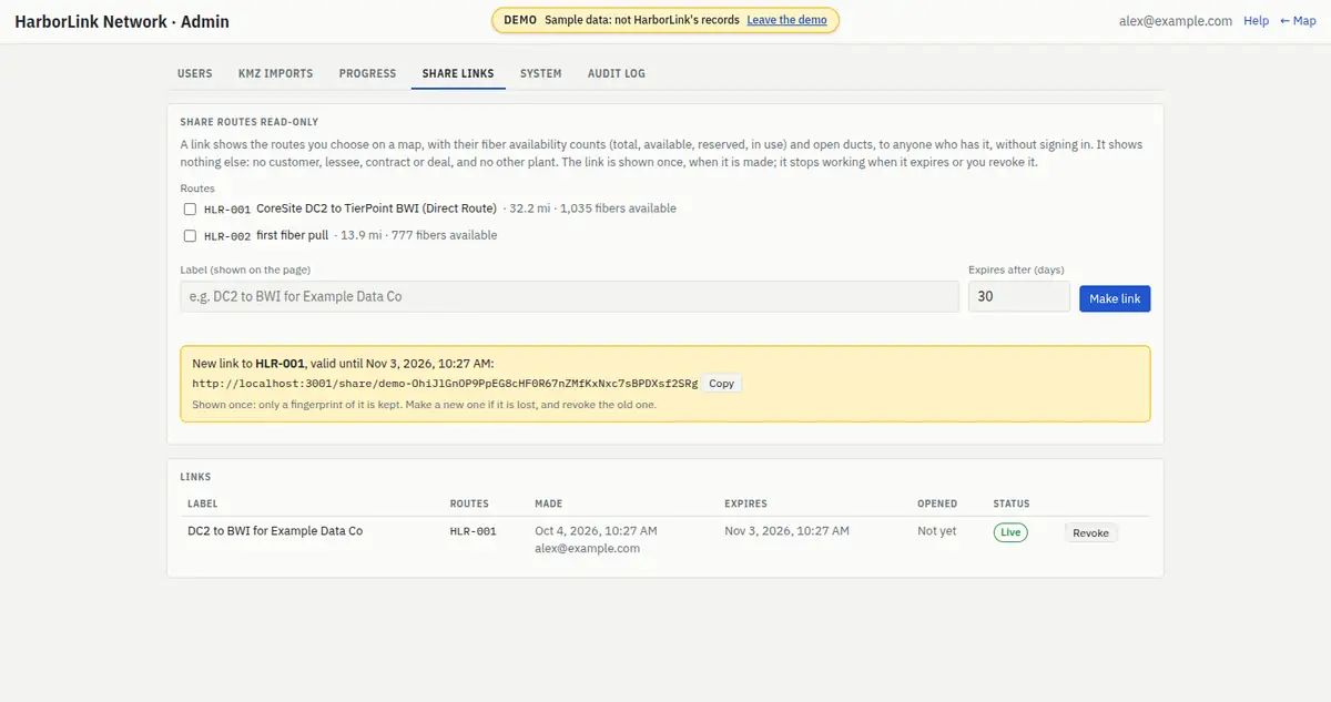 The Share links tab: the routes to tick, the label and days boxes, the Make link button, the new link shown once with a Copy button, and the list of links with when each was made, expires and was opened, and its status.